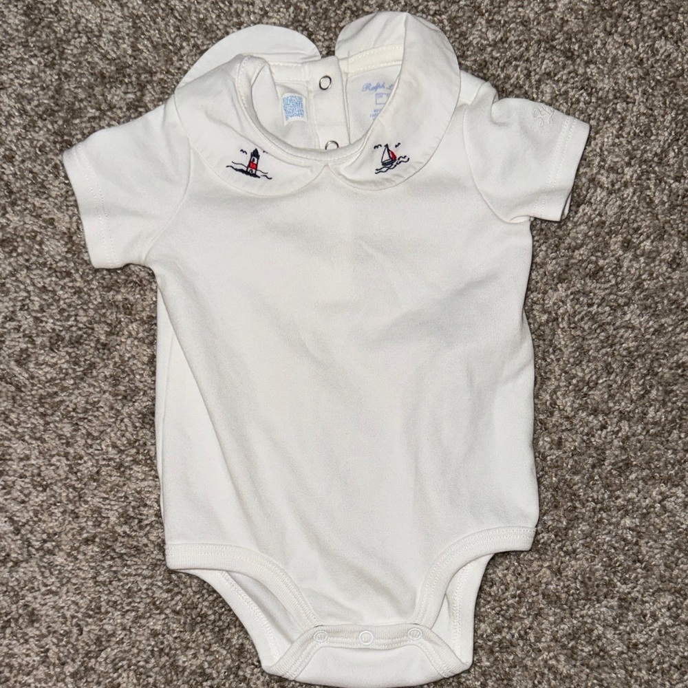 Ralph Lauren Embroidered Onesie with Sailboat and Lighthouse